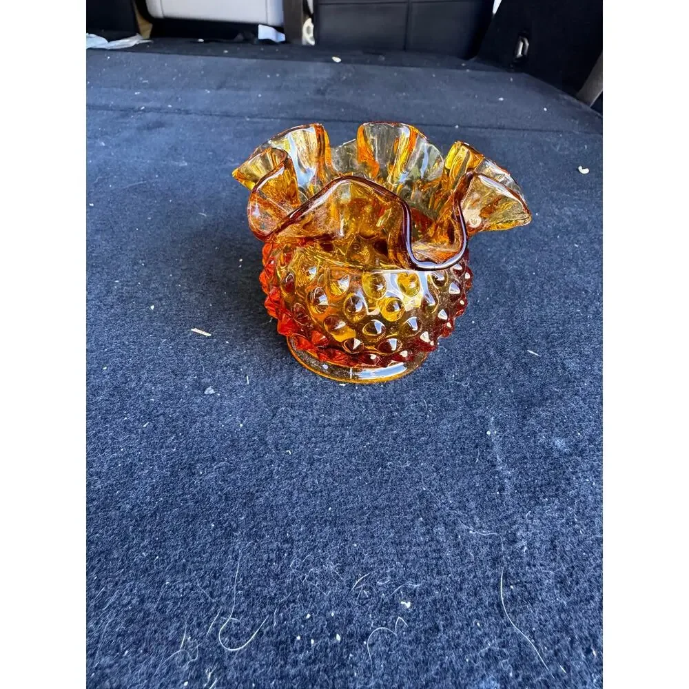 Fenton Art Glass Colonial Amber Hobnail mini vase double crimped ruffled rim 70s